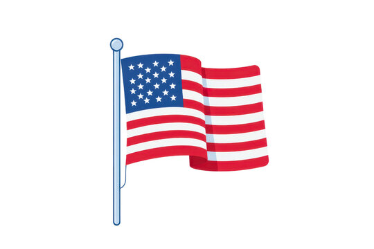 a simple flat 2D icon of a 'flag on a pole', a US flag waving on a flagpole, minimalist design, solid red, white, and blue colors, clean sharp lines, no shadows, isolated on a plain white background