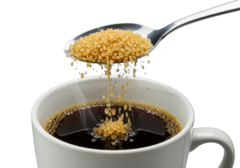 Photorealistic macro of golden raw cane sugar streaming from a reflective spoon into black coffee in a white ceramic mug, subtle steam on transparent, concept for coffee advertising