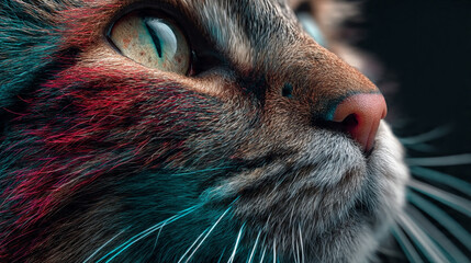 A close-up view of a cat's face with colorful fur and intense gaze