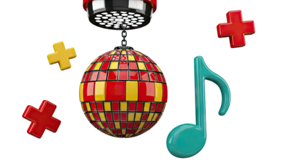 Disco ball, musical note, and plus symbols