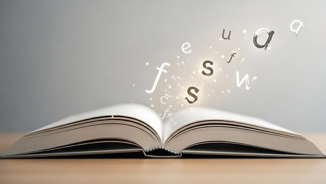 Open book with glowing letters magically flying out, symbolizing imagination, education, storytelling, and the power of knowledge and reading for inspiration.