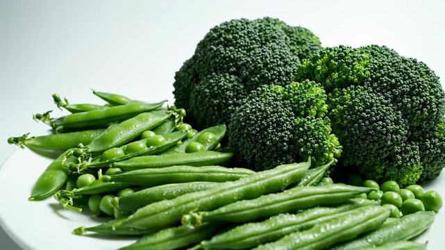 Healthy And Fresh Vegetables: Broccoli, Green Beans, And Peas On A White Plate