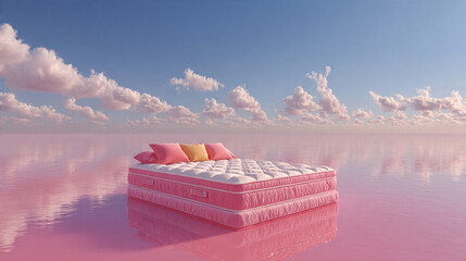 A serene mattress floats on a calm pink lake beneath a blue sky