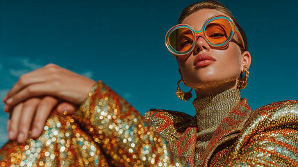 A woman wearing colorful sunglasses and a sequined jacket poses against a blue sky