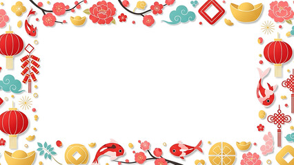 Obraz premium Chinese new year frame with lanterns and flowers isolated on white background
