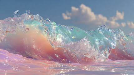 A vibrant wave crashes against the shore, 276.jpg capturing the dynamic movement of water, pastel colors, and serene atmosphere from a low viewpoint.