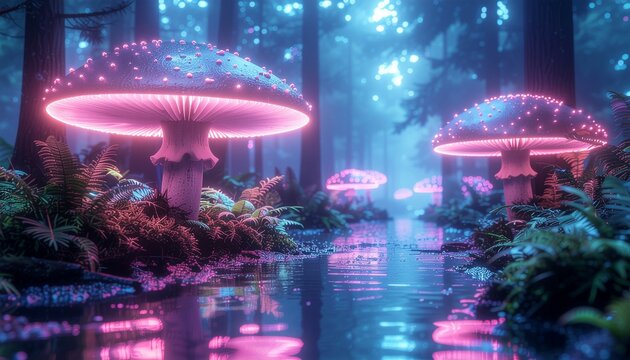 Mystical Bioluminescent Forest Stream Illuminated by Vibrant Glowing Mushrooms Reflected in Calm Water, Creating a Dreamlike Night Landscape