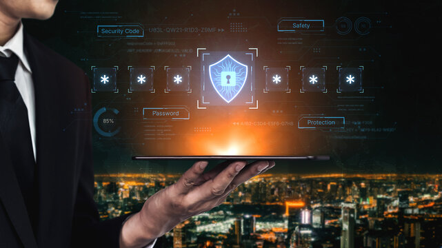 A concept of an advanced cybersecurity system. The futuristic interface shows a multi-factor authentication process using a secure password or PIN for enhanced data protection. Fermion - Powered by Adobe