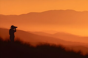 Silhouette of border ranger scanning desert with binoculars heroic surveillance cinematic concept art visual storytelling
