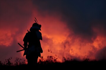Dramatic silhouette of samurai armor standing against fiery dawn legendary warrior scene cinematic digital artwork