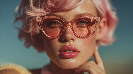 Young woman with pink hair and glasses posing in a serene outdoor setting