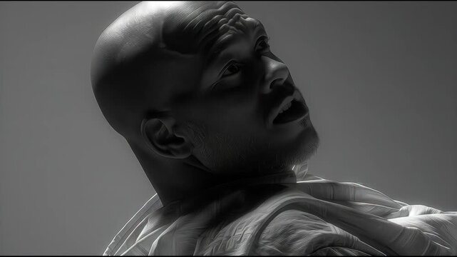 Introspective Gaze: A close-up shot of a bald person with a somber look on their face, as they look up, inviting contemplation.