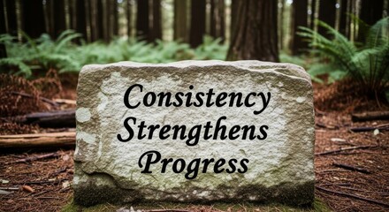 Stone inscription with motivational words 'Consistency Strengthens Progress' set in a serene forest environment