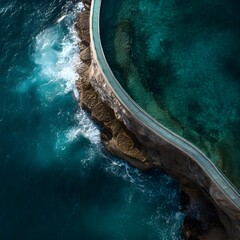 Obraz premium Curved glass fence following natural cliff line aerial top down modern architectural landscape design