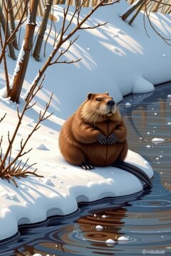 Winter scene with a beaver sitting on snow next to an open patch of river water