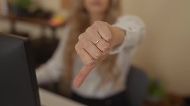 Woman gesturing thumbs in office setting giving approval and disapproval with hand showing young blonde female in workplace environment indoors interior room computer desk.