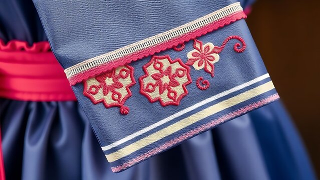 tenet. Detailed dancheong patterns embroidered on the cuff of a traditional hanbok sleeve. event programs, museum guides, designed for cultural heritage projects and event programs.