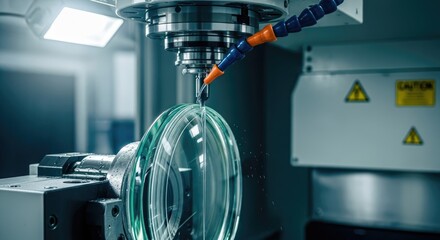 A close-up showcases industrial precision. A machine drills a large, clear glass lens, with water cooling the process. The focus is on the intricate detail of the machining. 