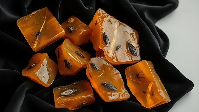 copal. Several raw amber copal resin pieces on black velvet with ancient inclusions. gardening catalogs, home-decor guides, designed for home decor and floral branding, used by video editors.