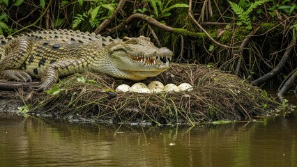 Crocodile protecting its nest with eggs on a riverbank, natural habitat