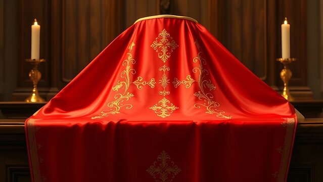 chasuble. A deep red silk chasuble with gold embroidery on a wooden altar in candlelight. event programs, museum guides, designed for cultural heritage projects and event programs.