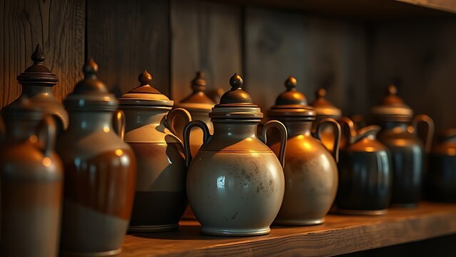 flagons. Rustic ceramic and pewter flagons with lids on wooden shelf in warm light. bar promotions, beverage menus, designed for product packaging and bar promotions, used by marketing managers.