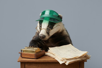 A badger wearing glasses and a visor works at a vintage calculator with papers