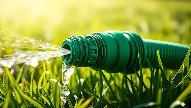 constriction. Green garden hose kinked, spraying water on sunlit grass. event key visuals, club posters, designed for sports event promotions and stadium branding and fitness apps and gym onboarding.