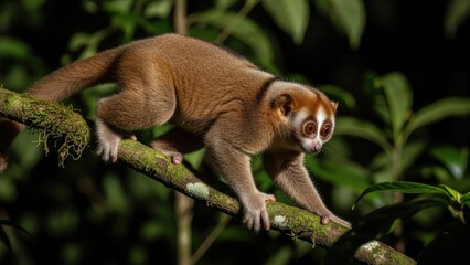 Slow Loris Climbing on Mossy Branch in Dark Forest
