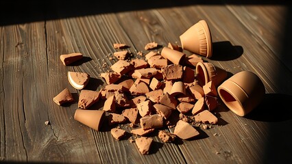 permanence. Shattered terracotta pot fragments on rustic wooden table, dramatic shadows. lifestyle magazines, social media lookbooks, designed for influencer and brand collaborations.
