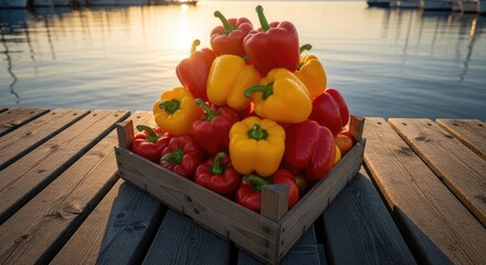 Fresh Red and Yellow Bell Peppers in Wooden Crate on a Peaceful Dock at Sunset
