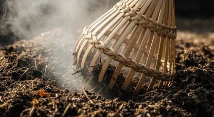 A close-up showcases a woven bamboo basket on a mound of dark, moist earth. Steam rises, suggesting warmth or recent activity. The texture is earthy and natural
