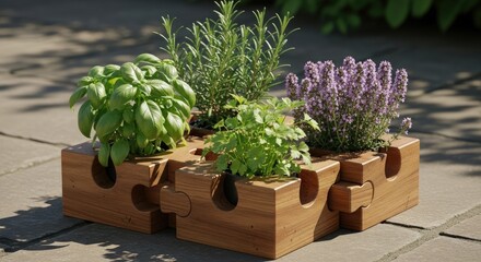 Close-up of a wooden puzzle-piece planter showcasing various herbs basil, rosemary, parsley, and thyme. Sunlit, with a stone patio background. 