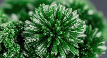 Macro shot of a cluster of vibrant, needle-like green crystals, radiating outwards. The detail reveals intricate structures within the crystalline formation