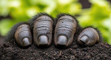 A close-up showcases a dark-furred animal's paw resting on dark soil, with detailed nails and hints of greenery in the background. The focus is on the textures and details