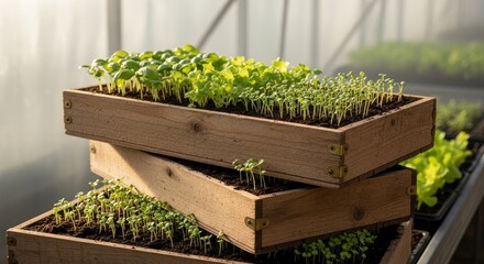 Stacked wooden boxes brimming with vibrant, young seedlings in a greenhouse setting. Natural light bathes the varying shades of green, suggesting healthy growth. Details of the structure are subtle