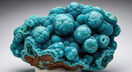 Close-up of a vibrant, spherical mineral formation. Textured, teal-blue spheres clustered together with hints of brown. Background is plain white. Mineral appears to be semi-precious