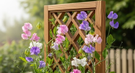 A wooden trellis supports climbing sweet peas in various pastel hues. Blossoms of pink, purple, and white contrast with the green foliage against a blurred garden backdrop. 