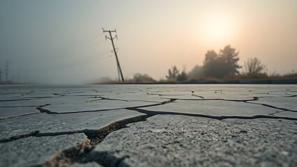 aftershock. Cracked concrete pavement and tilted utility pole after earthquake in morning fog. ESG reports, sustainability campaigns, designed for environmental awareness campaigns.