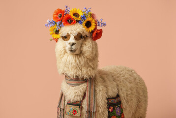 Fashionable alpaca wearing a flower crown and sunglasses with saddle bags 