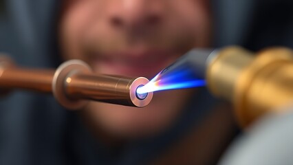 brazing. A craftsman brazing two copper pipes with molten solder under a torch flame. safety posters, maintenance manuals, designed for precision metalworking and fabrication facilities.