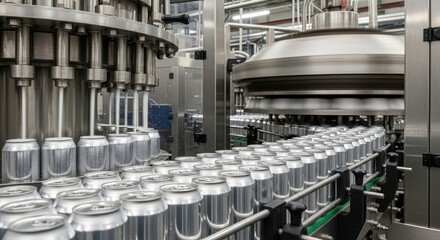 Automated machinery fills and seals rows of silver aluminum cans on a conveyor belt within a large industrial setting. The equipment is metallic and modern, highlighting efficiency