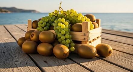 Fresh tropical kiwis and green grapes in rustic wooden crate by the sea at sunrise