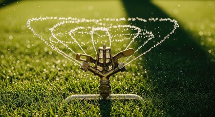 A close-up shot of a lawn sprinkler spraying water over lush green grass, illuminated by sunlight creating a dynamic and refreshing scene. The sprinkler is metallic and positioned on the grass