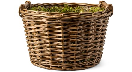 A woven basket, crafted from brown material, holds green moss inside. Two wooden handles are attached. The basket rests against a white background