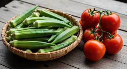 Fresh organic okra in a bamboo basket with ripe red tomatoes on a rustic wooden table