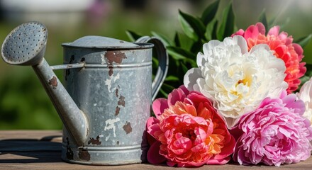 An aged, galvanized watering can sits next to a vibrant bouquet of peonies, a colorful contrast against a blurred natural background. A rustic, outdoor composition