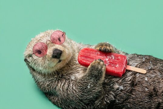 Cute sea otter wearing pink sunglasses enjoys a red popsicle on a teal background