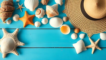 memorabilia. Seashell collection on blue wooden surface, coastal summer aesthetic. public awareness campaigns, NGO reports, designed for public awareness campaigns and NGO communications.