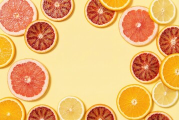 Flat lay of vibrant citrus fruit slices arranged on a soft yellow background